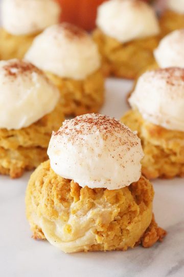 A closeup of a pumpkin cheesecake drop cookie.